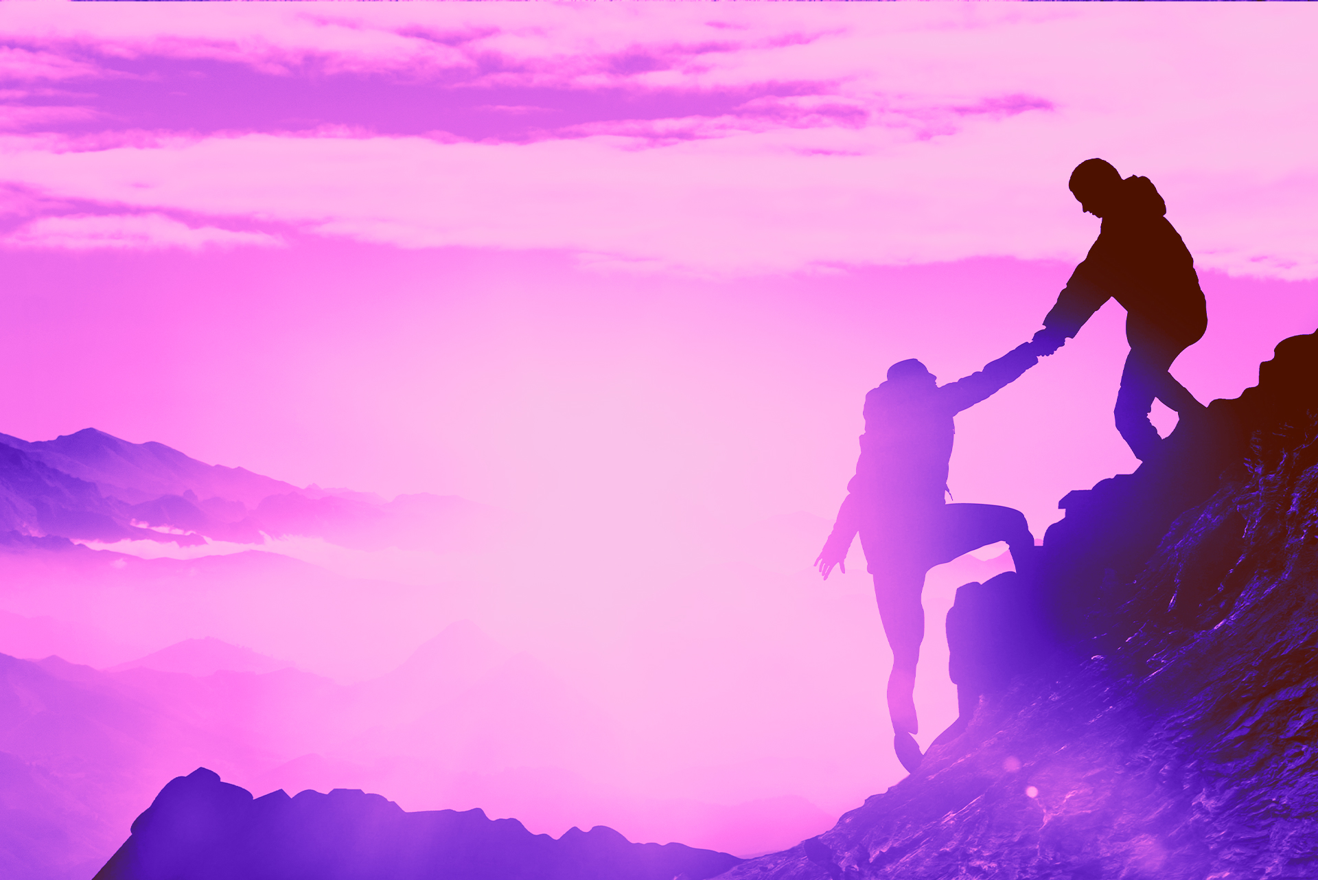 Two people holding hands on a mountain in a purple background
